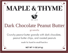 Load image into Gallery viewer, A square product label for Maple & Thyme Dark Chocolate Peanut Butter granola, featuring a white background with a dark brown border, black and brown typography, and a small bowl illustration.