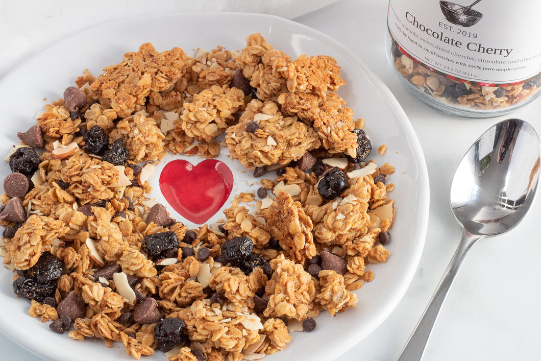 chocolate cherry granola on heart plate